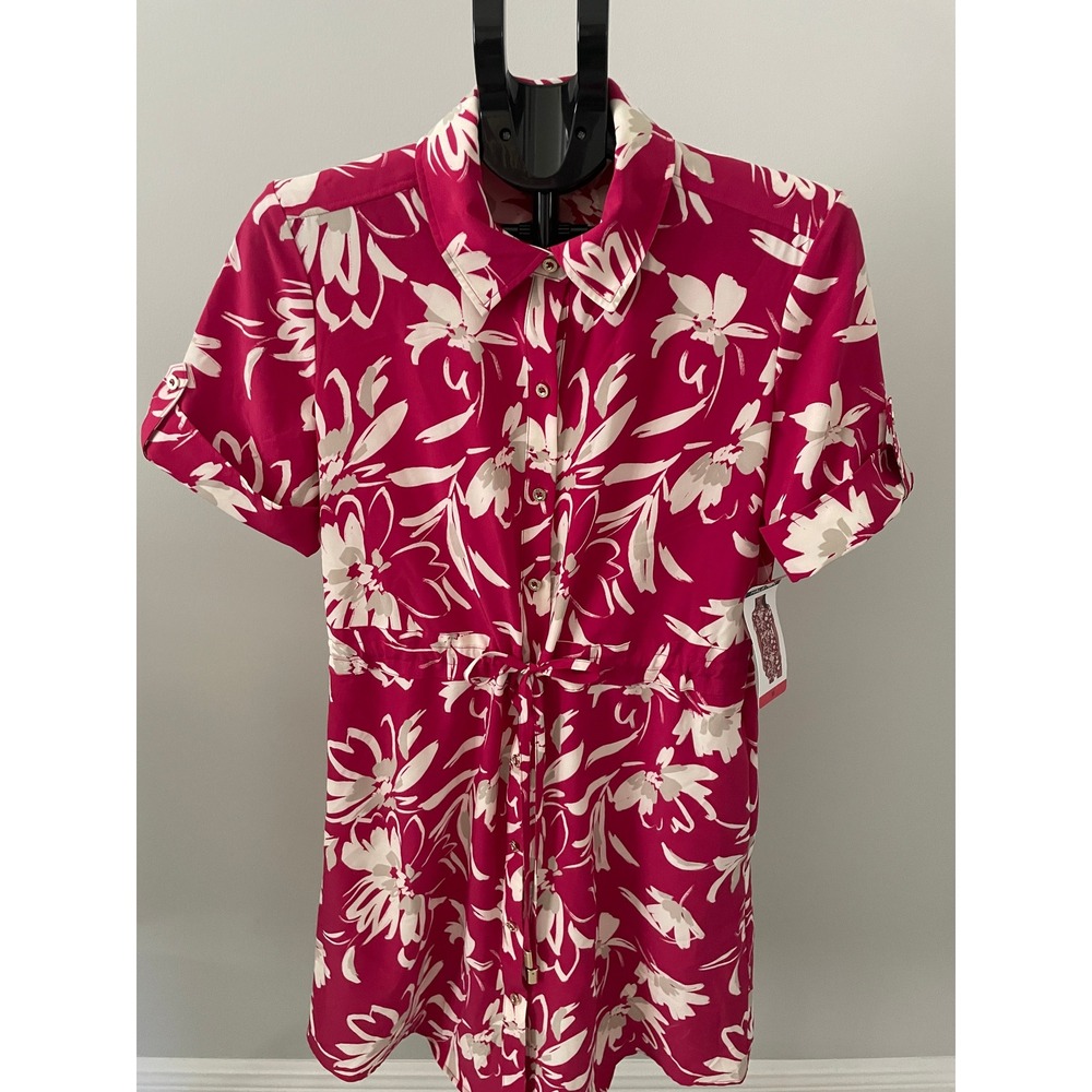 Halston Pink White Floral Short Sleeve Button Front Shirt Dress Size M 1957945